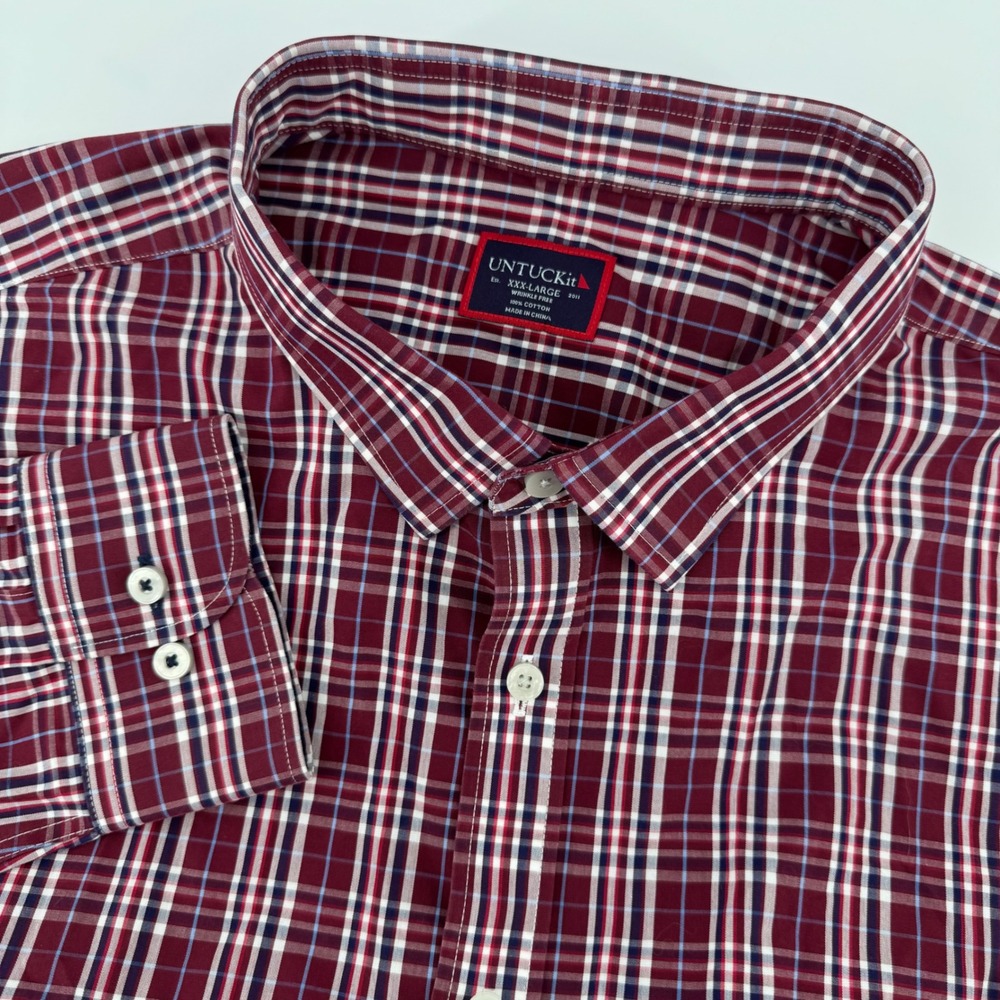 UNTUCKit Men's 3XL Red White Plaid Wrinkle Free 100% Cotton Button Down Shirt